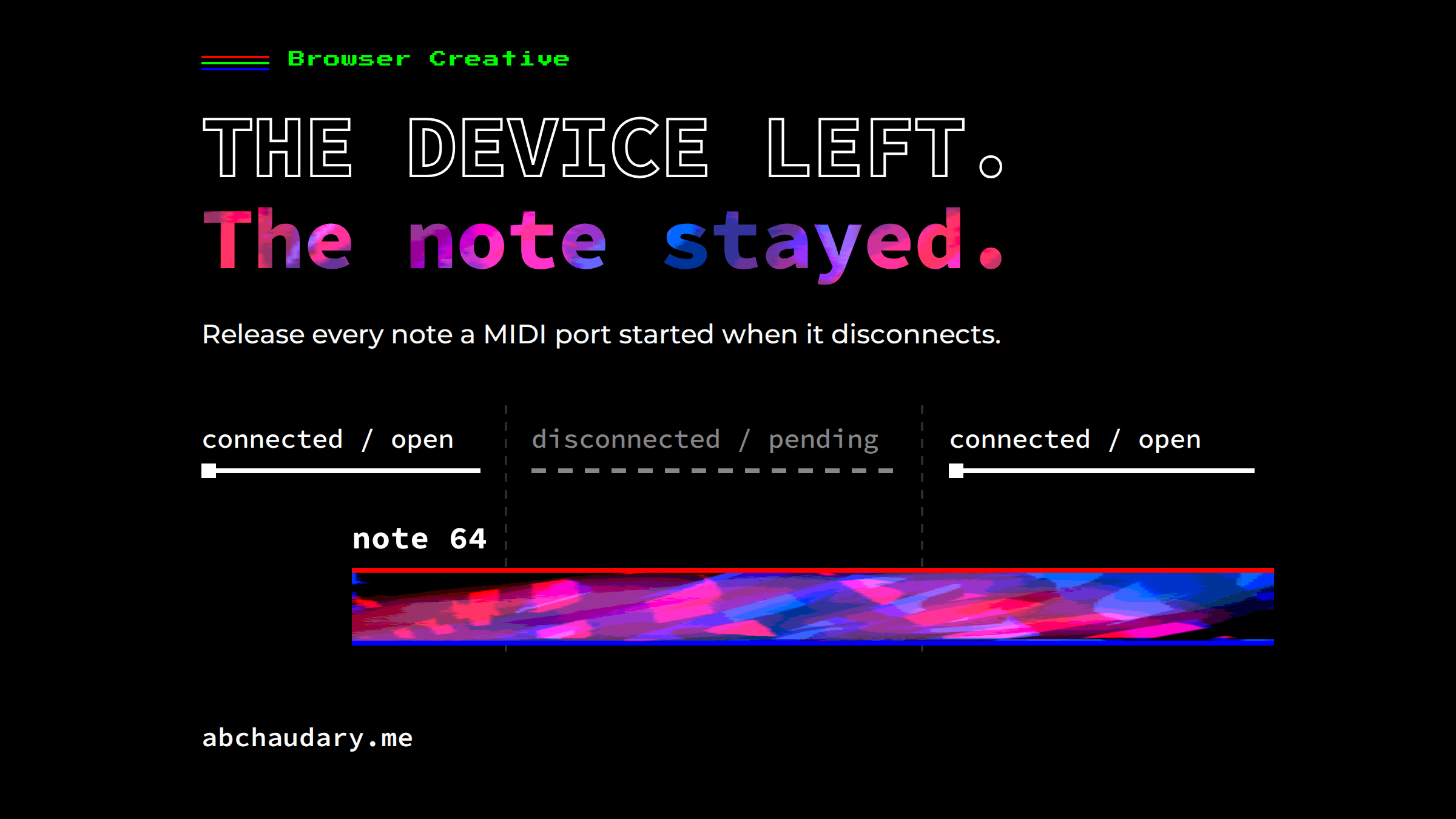 The device left. The note stayed. A MIDI port goes connected, then disconnected and pending, then connected again, while note 64 keeps sounding.
