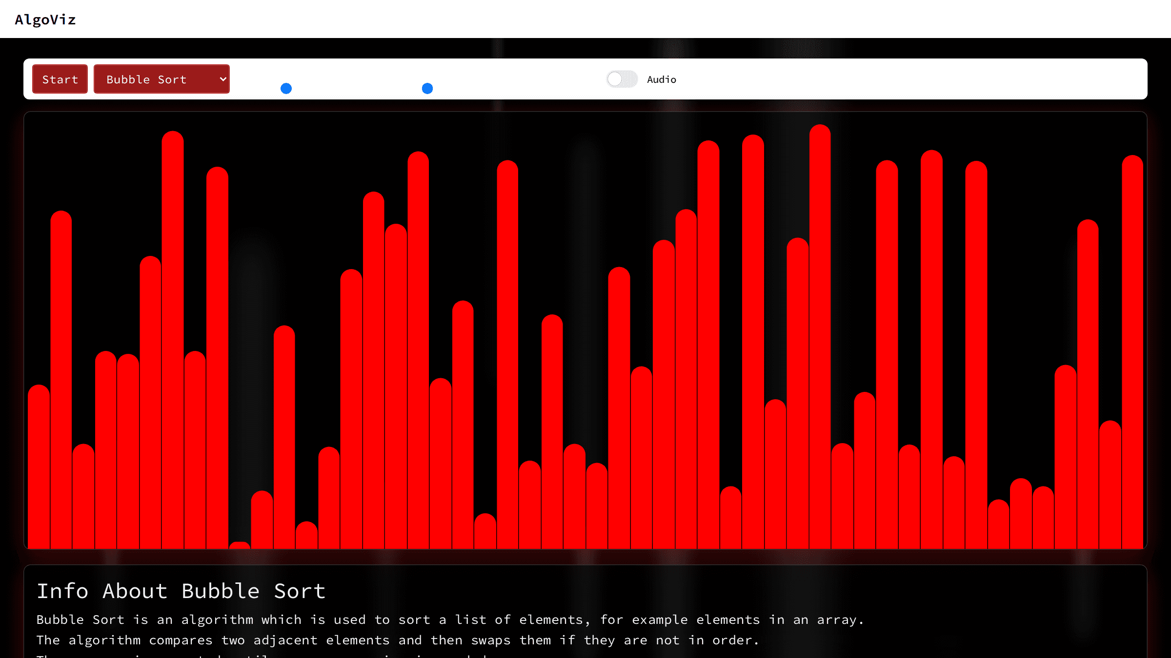 AlgoViz running a sorting visualisation: coloured bars mid-sort with controls for algorithm, array size, delay and audio.