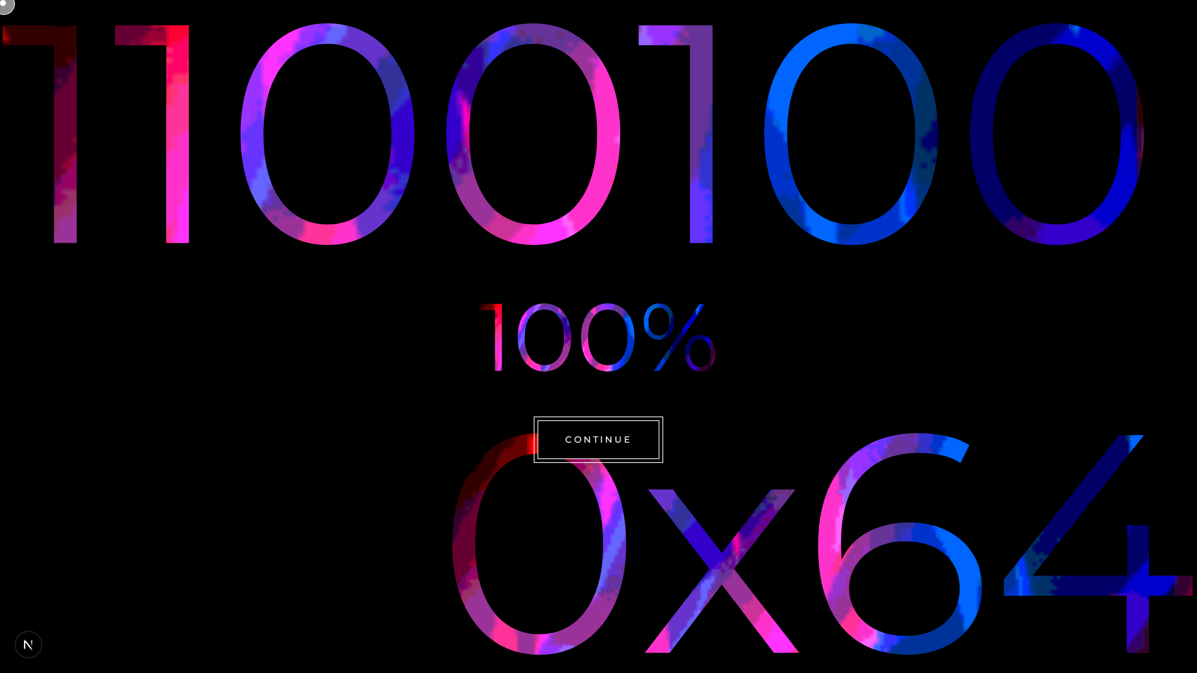 The abchaudary.me loading screen mid-count, showing the percentage, its binary and its hexadecimal readouts over black.